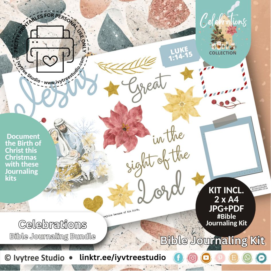 Luke 1:14–15 journaling kit – printable Advent journaling sheets with Scripture, florals, stars, and Christmas accents.