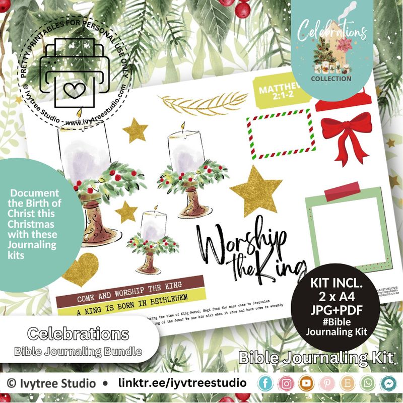 Worship the King journaling kit – Matthew 2:1–2 printable Christmas journaling set with candles and nativity Scripture