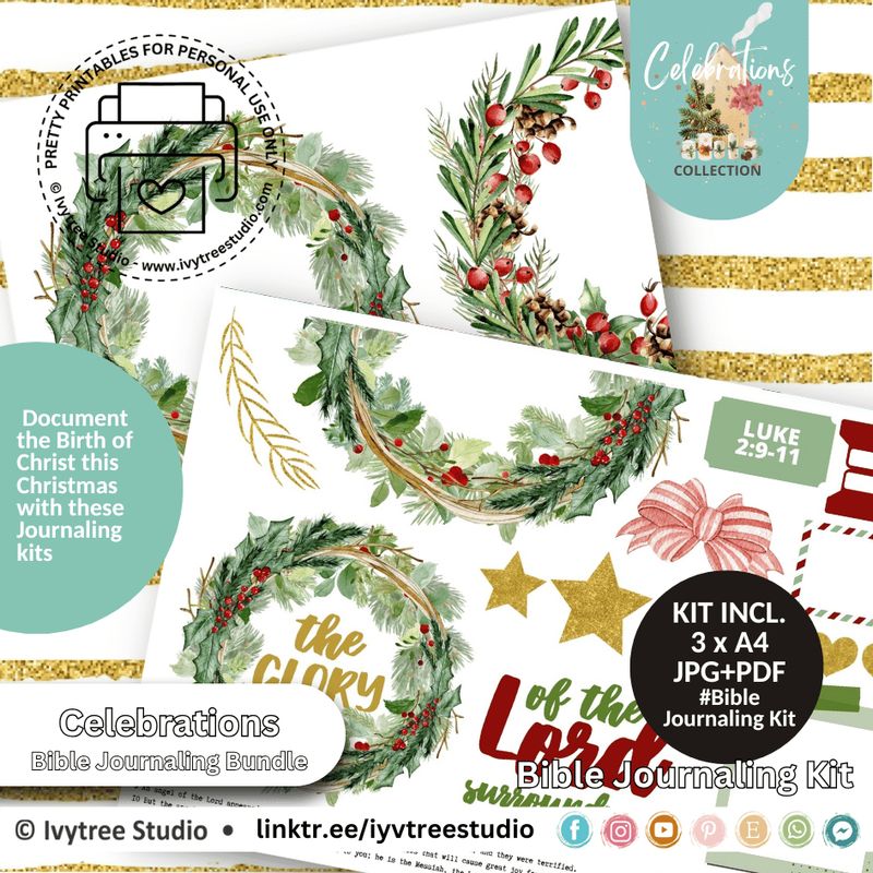 Christmas wreath Bible journaling kit with greenery, pinecones, berries, Scripture labels, and gold star accents