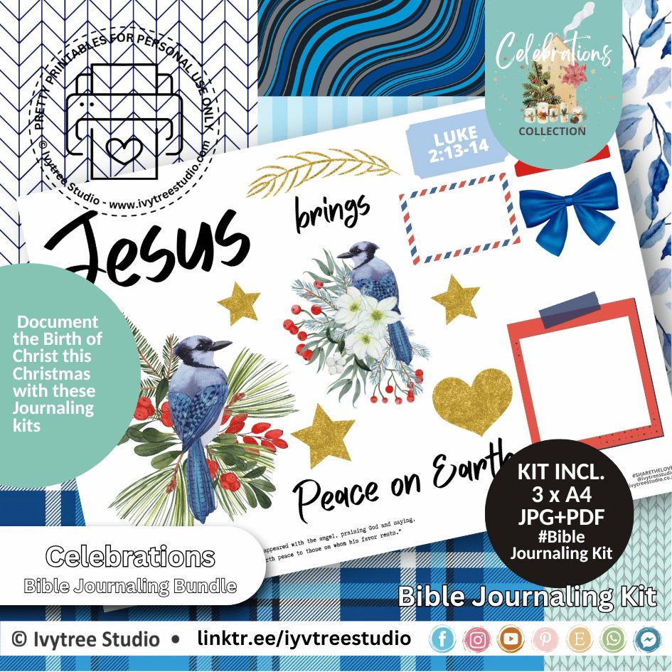Bluebird Bible journaling kit with Scripture labels, stars, bows, florals, and Peace on Earth Christmas elements