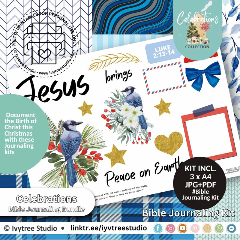 Bluebird Bible journaling kit with Scripture labels, stars, bows, florals, and Peace on Earth Christmas elements