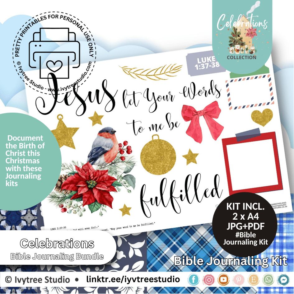 Fulfilled Bible journaling kit with red bird, poinsettias, gold ornaments, bows, stars, and Scripture-inspired art.