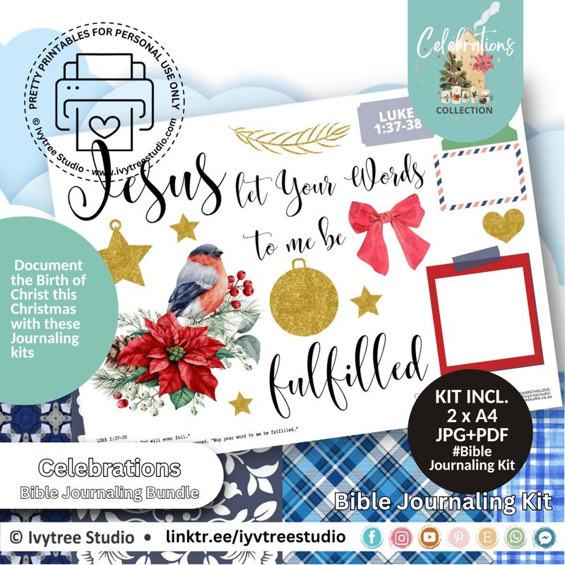 Fulfilled Bible journaling kit with red bird, poinsettias, gold ornaments, bows, stars, and Scripture-inspired art.