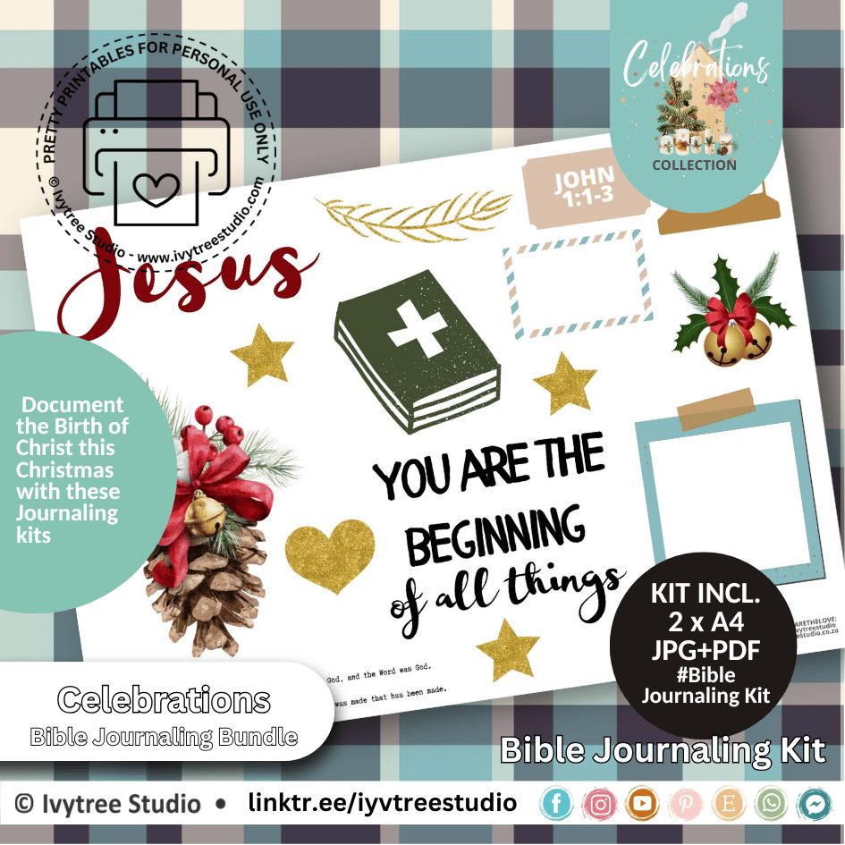 Beginning Bible journaling kit with Scripture labels, pinecone, bells, greenery, stars, and Christian Christmas art