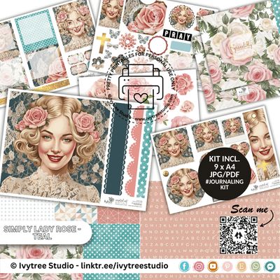 Simply Lady Rose Teal Journaling Kit – printable faith journaling pages with roses, portraits, and decorative elements