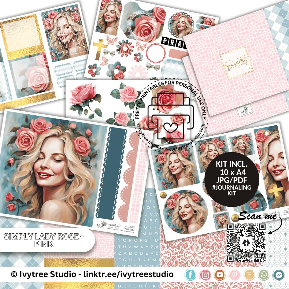 Simply Lady Rose Pink Journaling Kit – digital printable journal set with vintage lady portraits, pink roses, journaling card