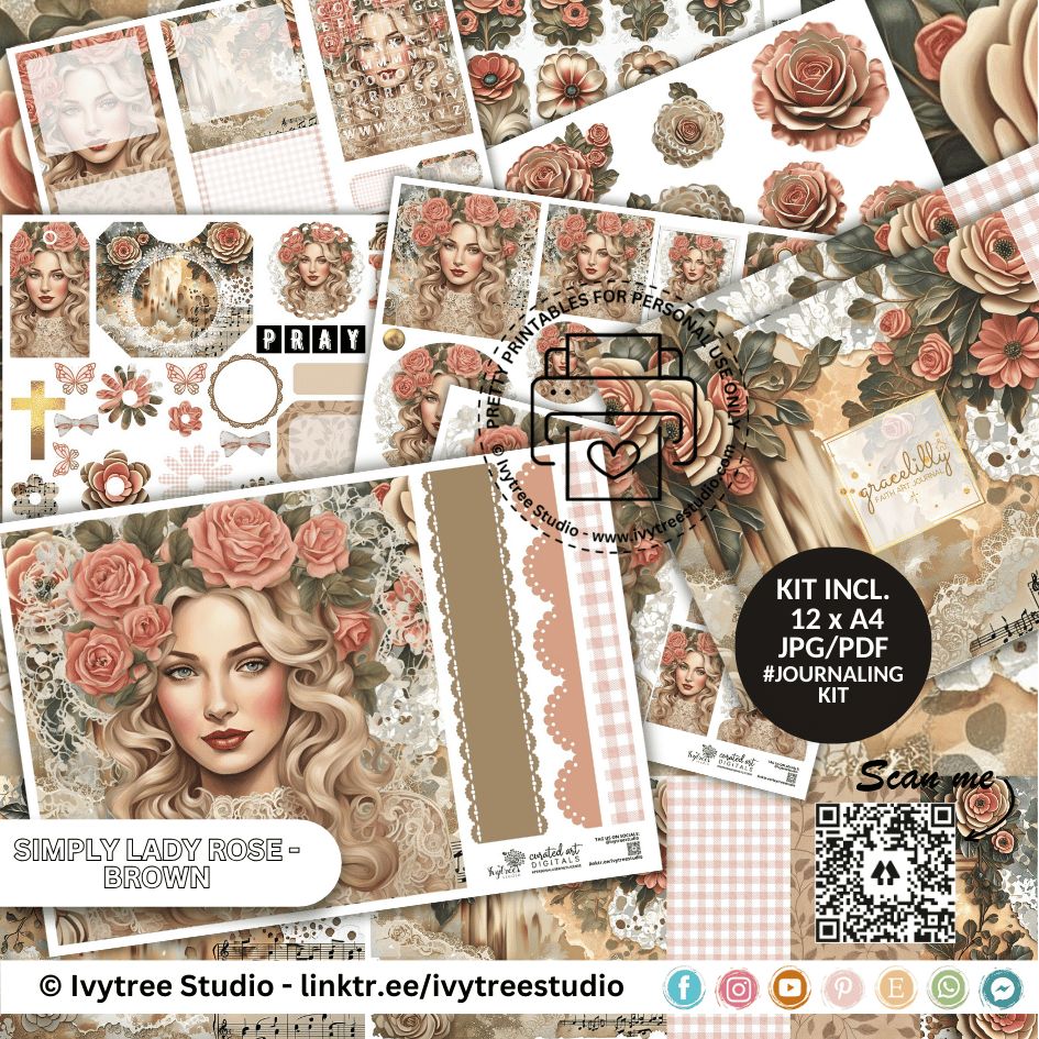 Simply Lady Rose Brown kit with 12 digital printable pages, floral illustrations and more | Bible Journaling | Ivytree Studio