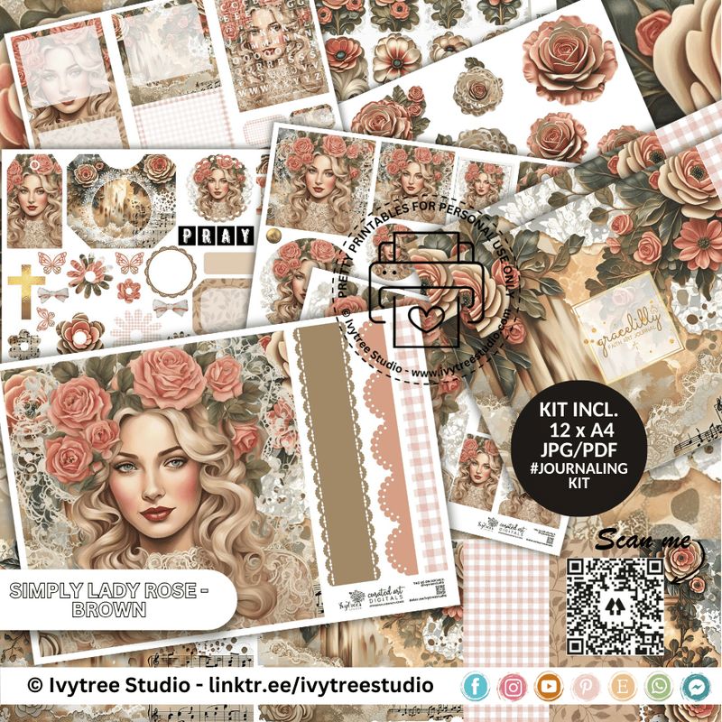 Simply Lady Rose Brown kit with 12 digital printable pages, floral illustrations and more | Bible Journaling | Ivytree Studio