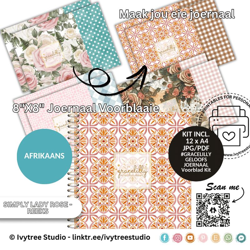 Afrikaanse Simply Lady Rose joernaalvoorblaaie drukbare kit – 8x8 geloofsjoernaal ontwerp in bruin, teal, pienk en oranje pat
