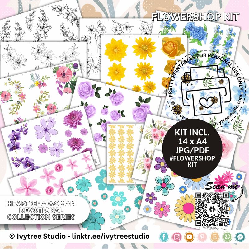 Flowershop Kit with printable floral elements, blossoms, and flower journaling cutouts | Bible Journaling | Ivytree Studio