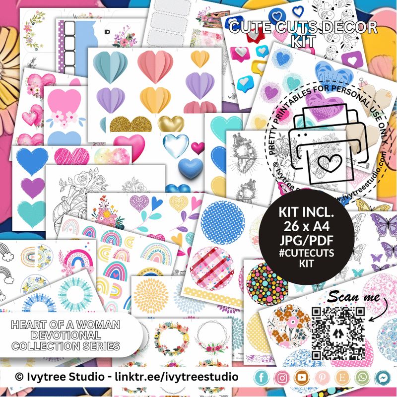 Cute Cuts Décor Kit with hearts, rainbows, butterflies, and decorative journaling cutouts | Bible Journaling | Ivytree Studio