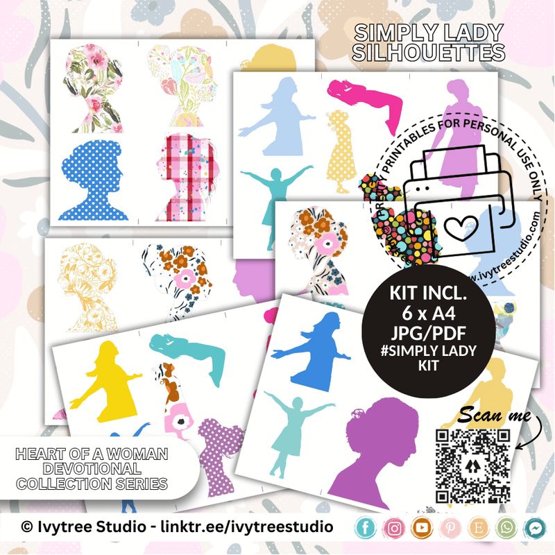 Simply Lady Silhouettes bundle of printable lady profiles and shapes in mixed colors | Bible Journaling | Ivytree Studio