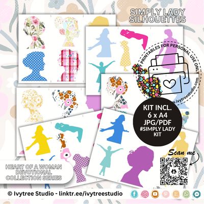 Simply Lady Silhouettes bundle of printable lady profiles and shapes in mixed colors | Bible Journaling | Ivytree Studio