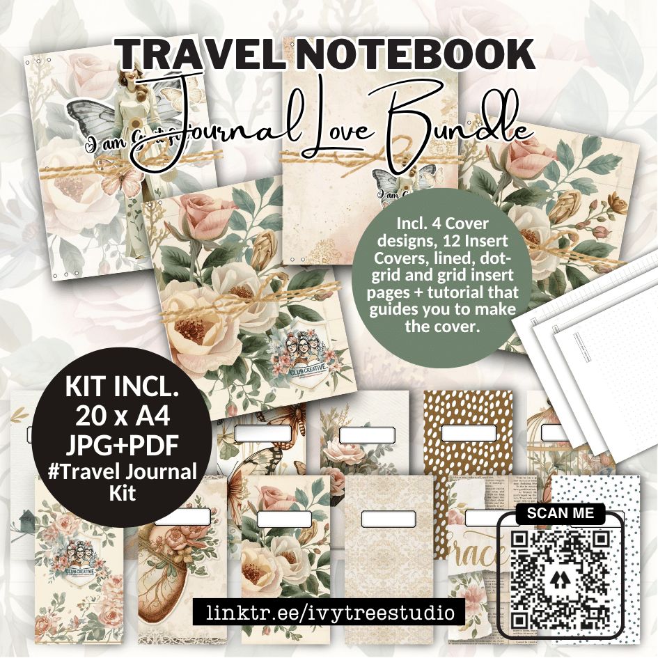 Journal Love Kit | Travel Notebook Edition | A Year in His Grace Collection | Bible Journaling | Ivytree Studio Travel Notebook Journal Love Bundle with floral Gracelilly designs and writing inserts, printable Christian journaling kit