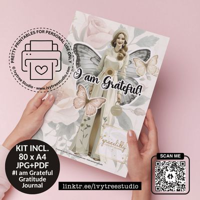 I Am Grateful Gratitude Journal cover with Gracelilly woman and butterflies, Christian creative printable | Bible Journaling 