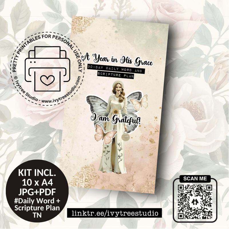 A Year in His Grace Scripture Plan printable with Gracelilly woman, gratitude theme, Christian Bible journaling printable