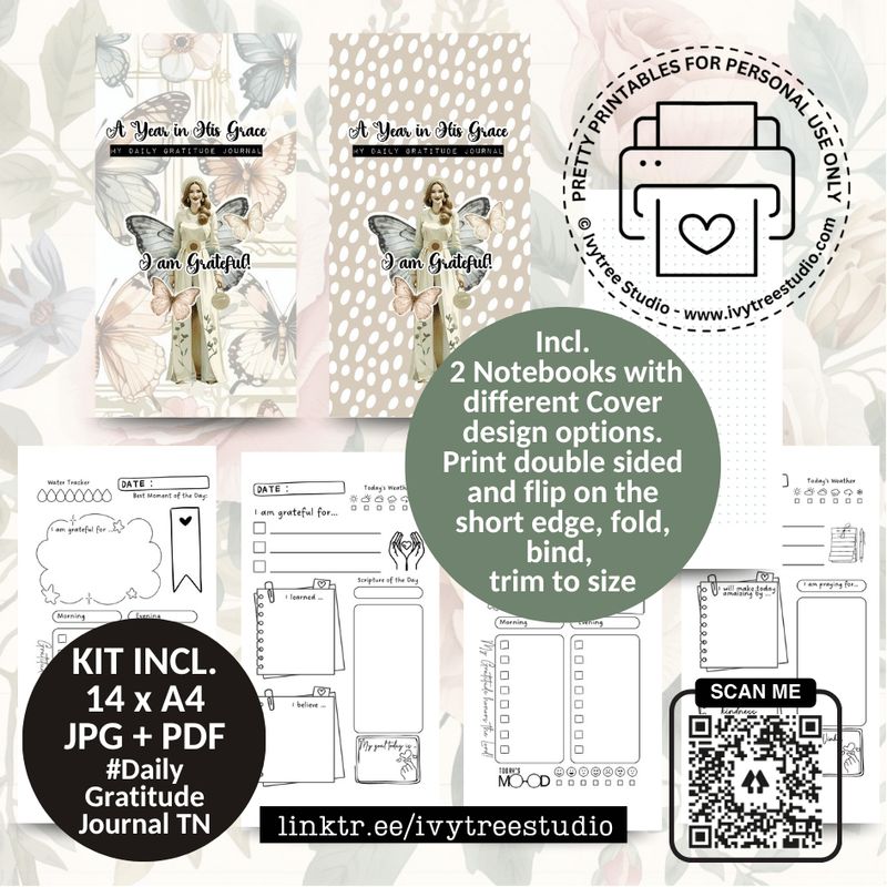 Daily Gratitude Journal TN printable with two cover options and guided journaling inserts | Bible Journaling | Ivytree Studio