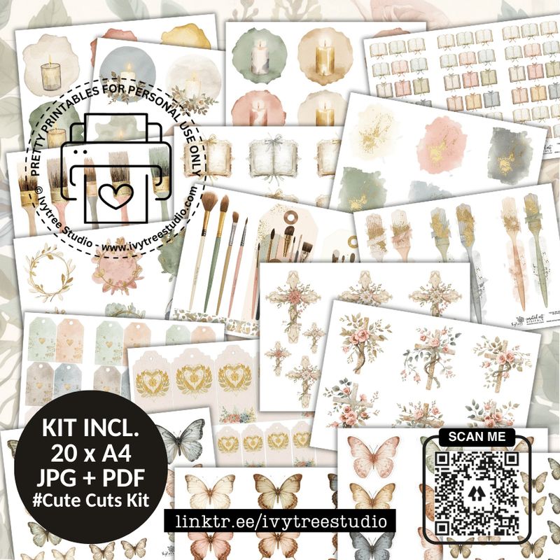 Cute Cuts ephemera pages with butterflies, florals, candles, paint brushes and tags for Christian journaling | Journaling
