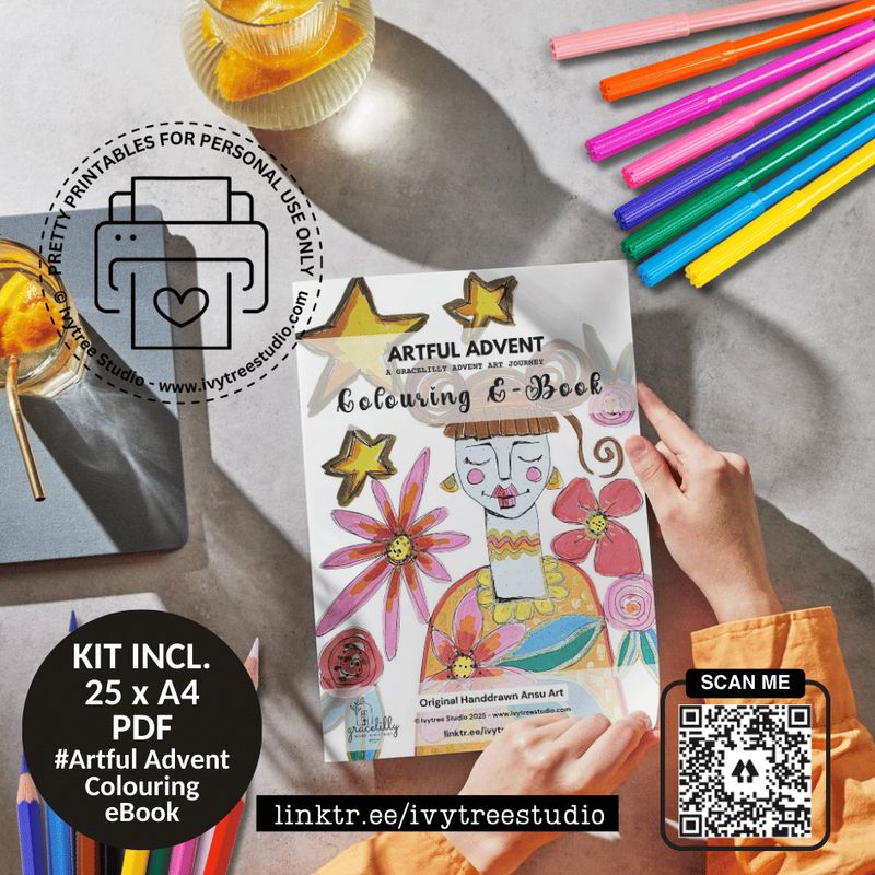 Artful Advent Colouring eBook with Original Hand-drawn Ansu Art | Bible Journaling | Ivytree Studio | 25 Page Printable Artful Advent Colouring eBook – Printable A4 Christian colouring pages by Ivytree Studio displayed on a desk with markers and