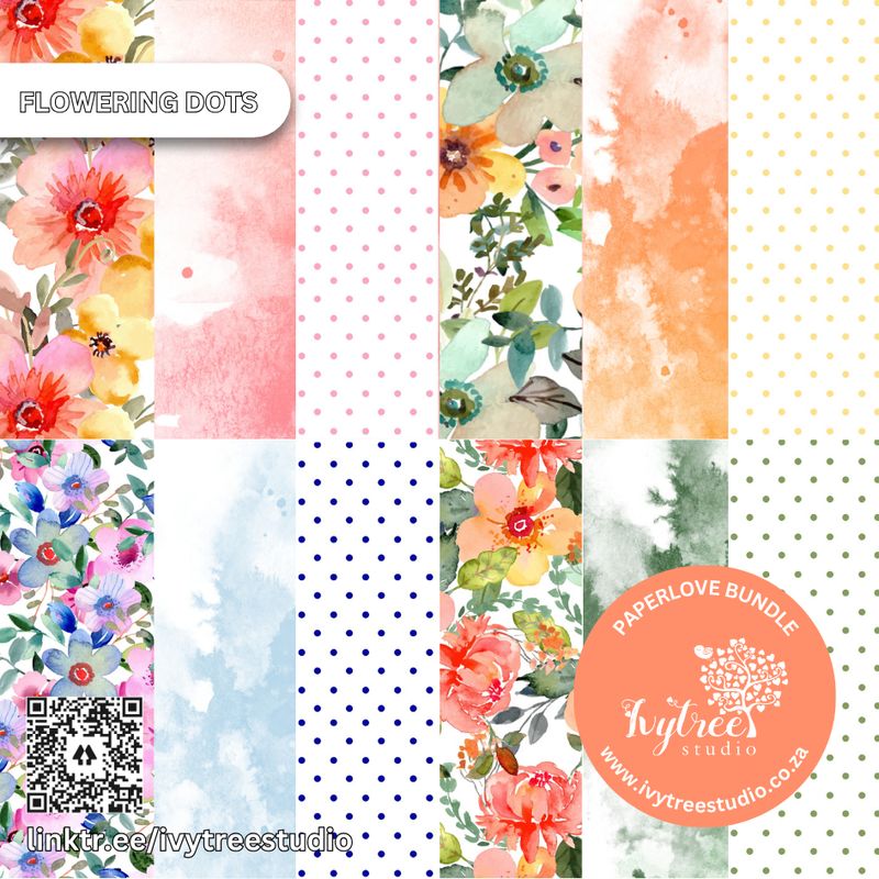 Flowering Dots | Paperlove Kit – 12 Printable Pattern Papers for Journaling, Scrapbooking &amp; Crafts | Ivytree Studio