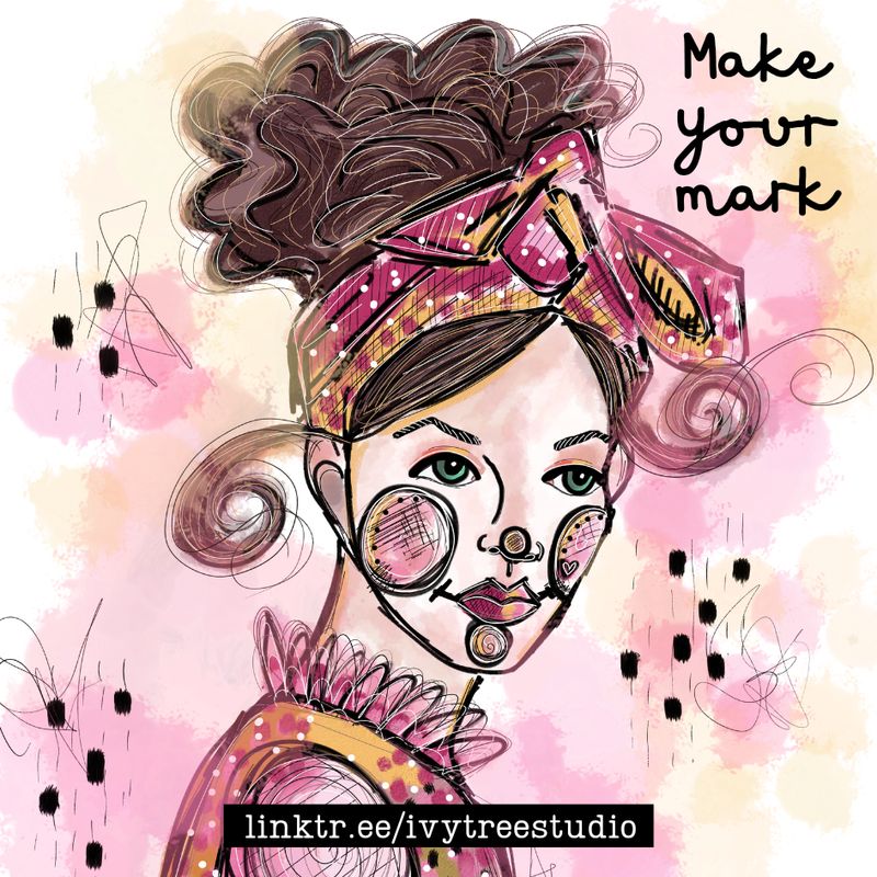 Hand-drawn illustration of a whimsical woman with curly hair in a headscarf, watercolor pink tones, text "Make Your Mark" 