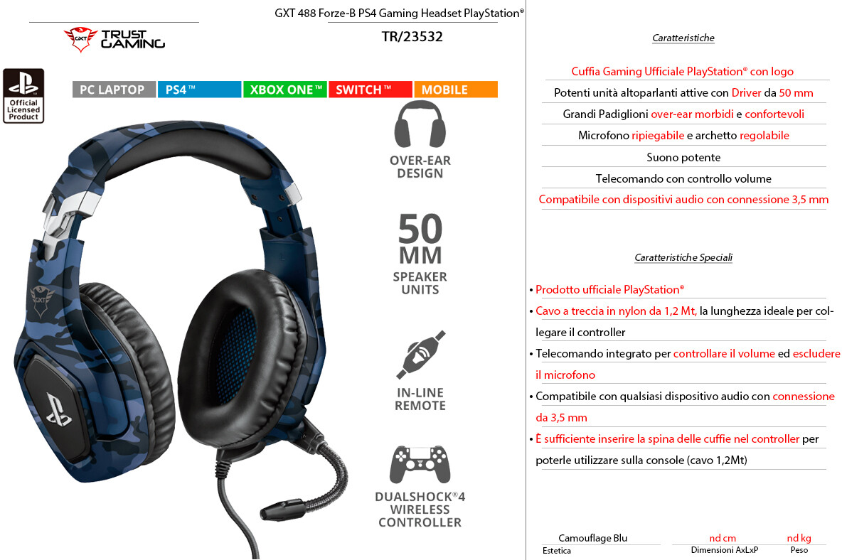 CUFFIE GAMING &quot;GXT 488&quot; TRUST 50mm BLU