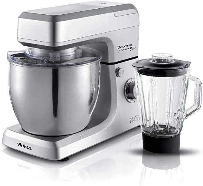 Ariete 1598 Gourmet Professional 7L Metal, Planetaria, Impastatrice con Frullatore, Ciotola Acciaio Inox, 7 L, Caraffa in Vetro 1.5 L, Frusta Elettrica e Gancio, 6 Velocità, 1.200 Watt, Argento [Class