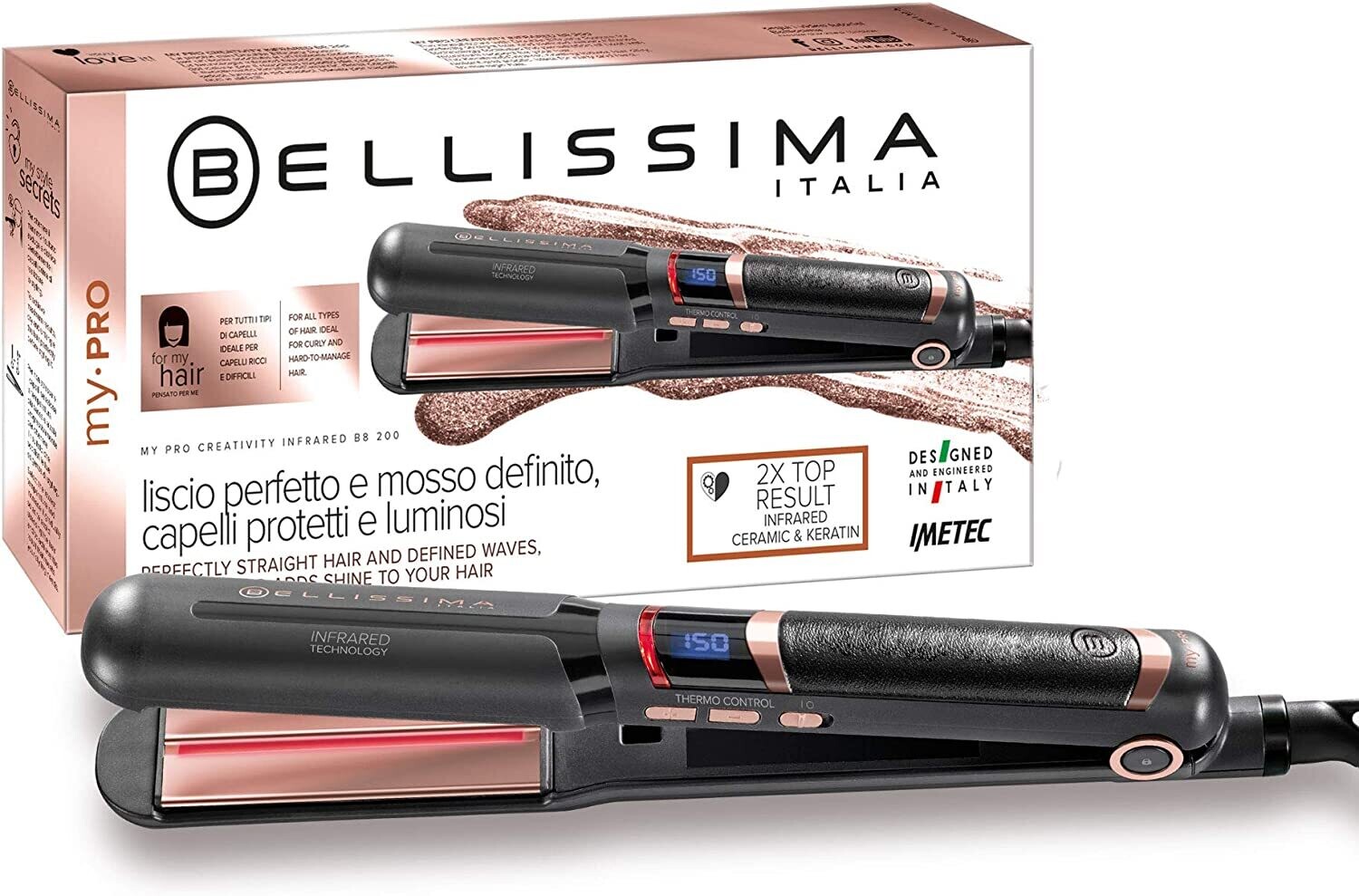 Bellissima Imetec My Pro Creativity Infrared B8 200, piastra lisciante, tecnologia raggi infrarossi, rivestimento in ceramica e cheratina, 11 livelli di temperatura da 130 °C a 230 °C, cavo 1,8 m