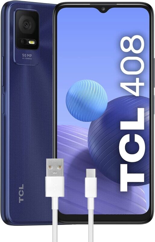 TCL 408 - Smartphone 4G 64 GB, 4 GB RAM, Display 6.6&quot; HD+, Android 12, Dual Camera da 50 Mp, Batteria 5000 mAh, Dual Sim, Midnight Blue, con Cavo USB Type-C Aggiuntivo