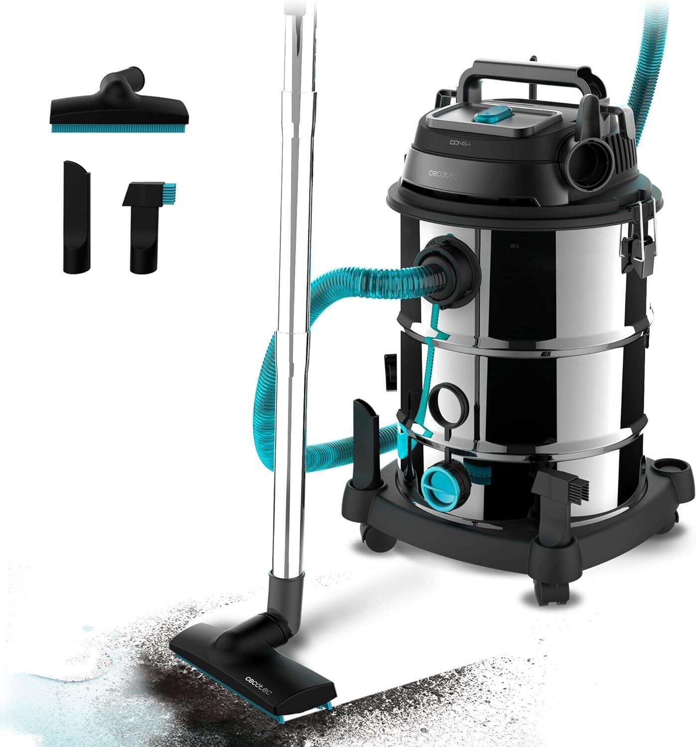 Cecotec Aspiratore per solidi e liquidi 30 L Conga Rockstar Wet &amp; Dry Steel Pro. 1600 W, 23 kPa, Sistema di drenaggio, Aspirapolvere e soffiante, Strutt
