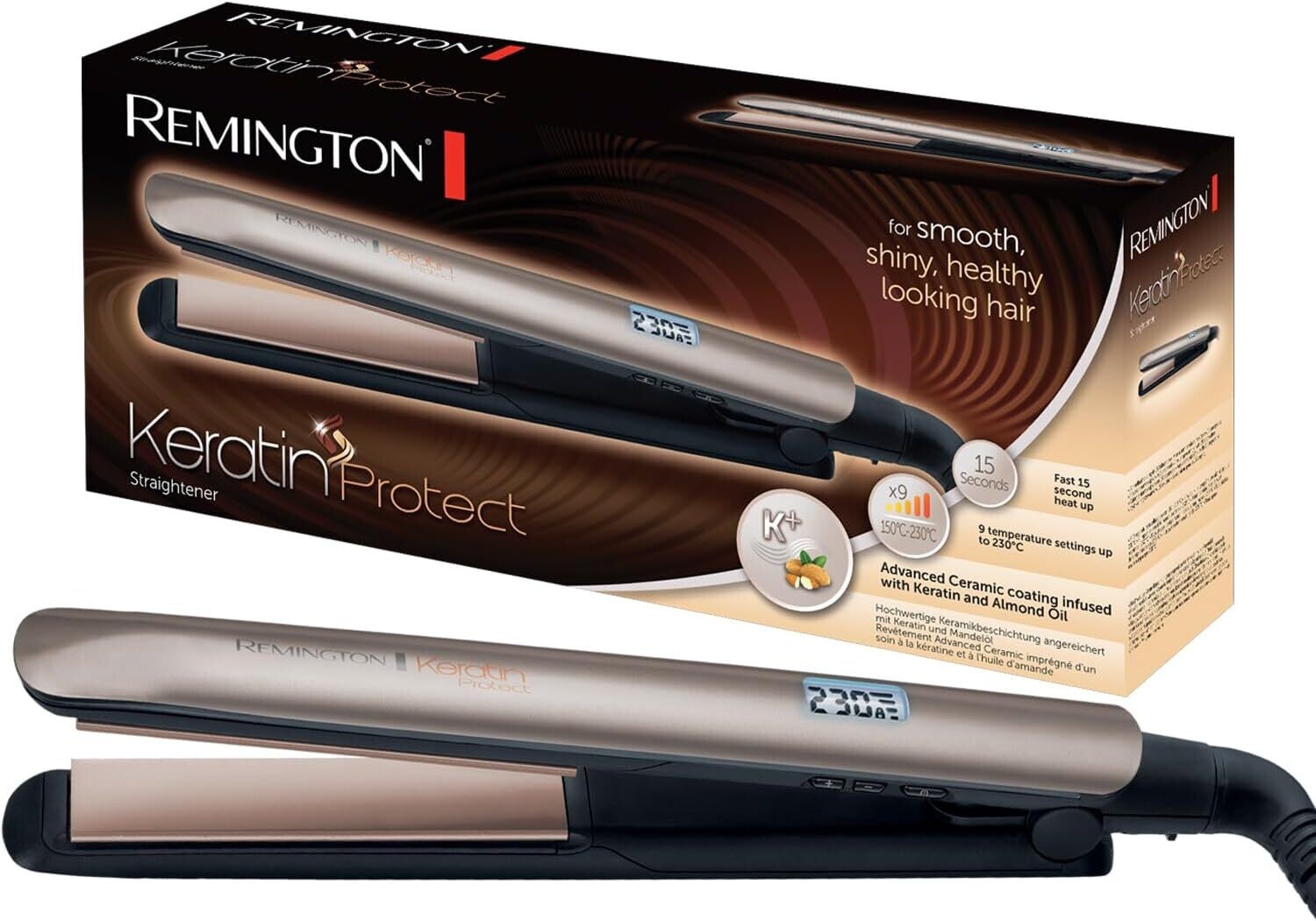 Remington Piastra per Capelli Lisci, Rivestimento in Ceramica e Olio di Mandorle, 150-230°, Piastre Osciallanti, Riscaldamento Rapido 15 sec, Marrone Dorato, Keratin Protec