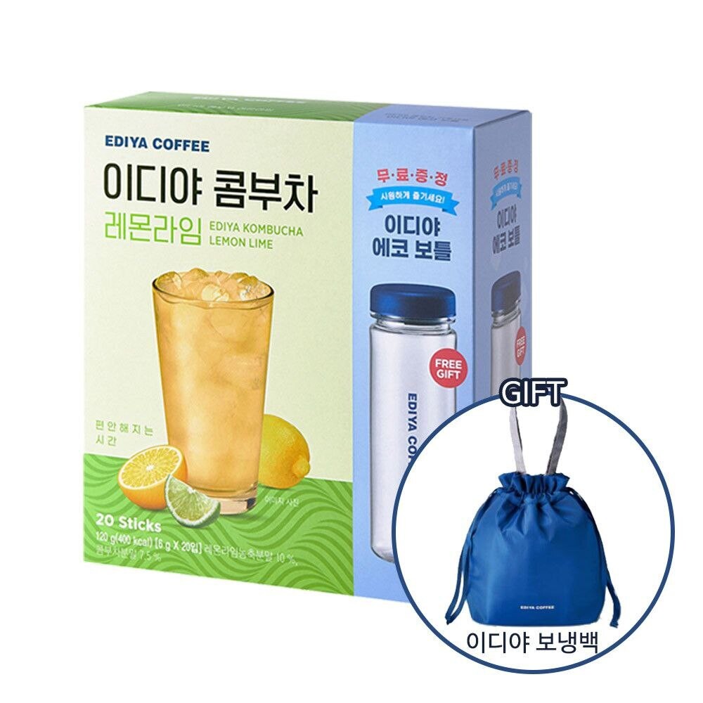 EDIYA KOMBUCHA 20sticks per box + ECO BOTTLE + GIFT, OPTION FLAVOR: LEMON LIME 1 BOX (20 sticks + Bottle + Thermal Pouch)