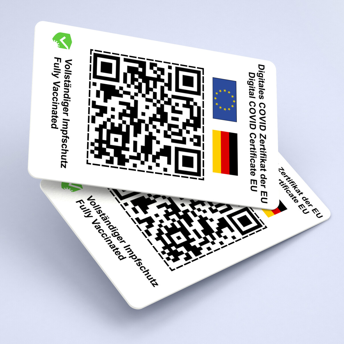 Ihr digitales COVID-19 Impf-Zertifikat der EU auf eine Plastikkarte im Kreditkartenformat drucken lassen (QR-Code auf der Vorder- und Rückseite - DE/EN)