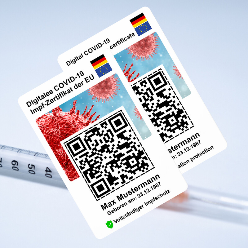 Ihr digitales COVID-19 Impf-Zertifikat der EU auf eine Plastikkarte im Kreditkartenformat drucken lassen (Vorderseite / Deutsch - Rückseite / Englisch)