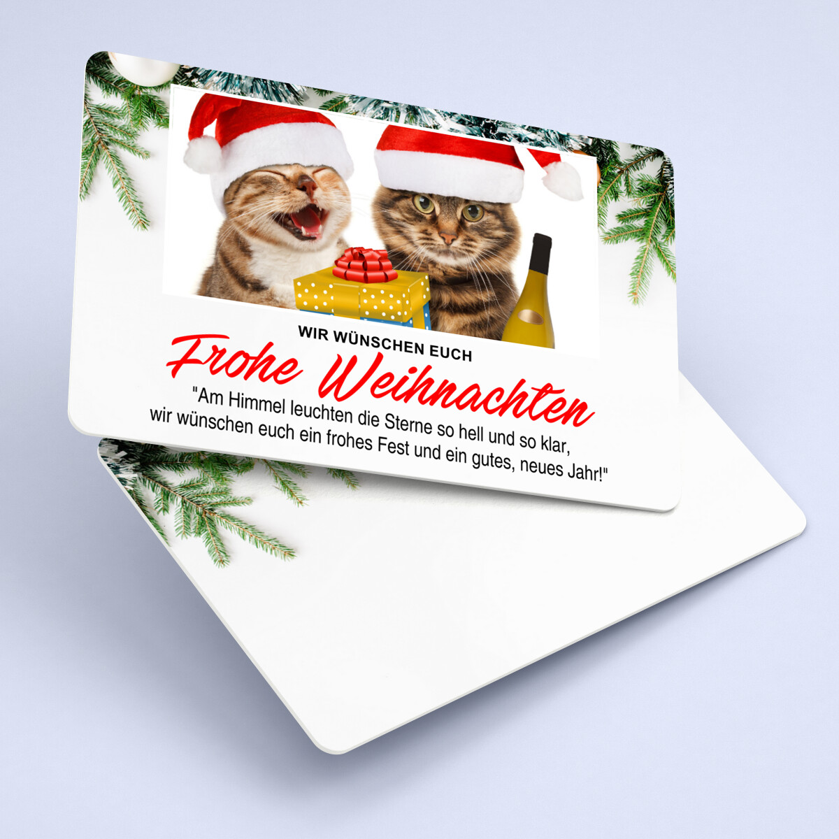 Personalisierbare Weihnachtskarten mit Katzenmotiv und persönlichem Text auf eine Plastikkarte im Kreditkartenformat drucken lassen