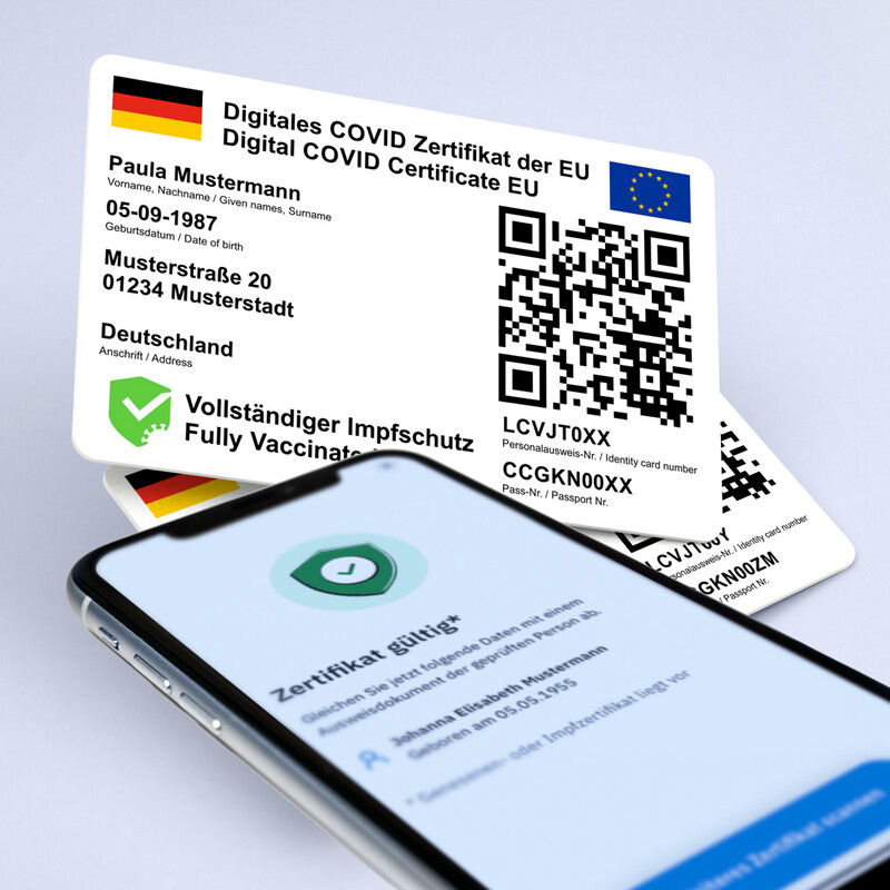 Ihr digitales COVID-19 Impf-Zertifikat der EU auf eine Plastikkarte im Kreditkartenformat drucken lassen (DE/EN - Besonders für Auslandsreisen geeignet)
