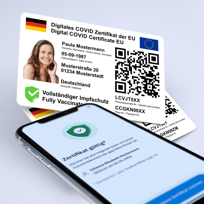 Ihr digitales COVID-19 Impf-Zertifikat der EU mit Lichtbild auf eine Plastikkarte im Kreditkartenformat drucken lassen (DE/EN - Besonders für Auslandsreisen geeignet)