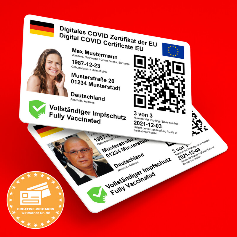 Ihr digitales COVID-19 Impf-Zertifikat der EU mit Lichtbild und Impfstatus auf eine Plastikkarte im Kreditkartenformat drucken lassen (DE/EN)