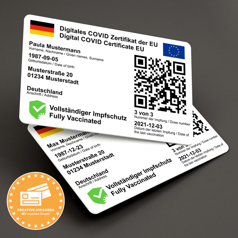 Ihr digitales COVID-19 Impf-Zertifikat der EU mit Impfstatus auf eine Plastikkarte im Kreditkartenformat drucken lassen (DE/EN)