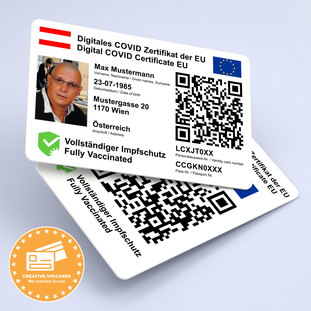 Speziell für Österreich - Ihr digitales COVID-19 Impf-Zertifikat der EU - mit Lichtbild - auf eine Plastikkarte im Kreditkartenformat drucken lassen (DE/EN - Besonders für Auslandsreisen geeignet)