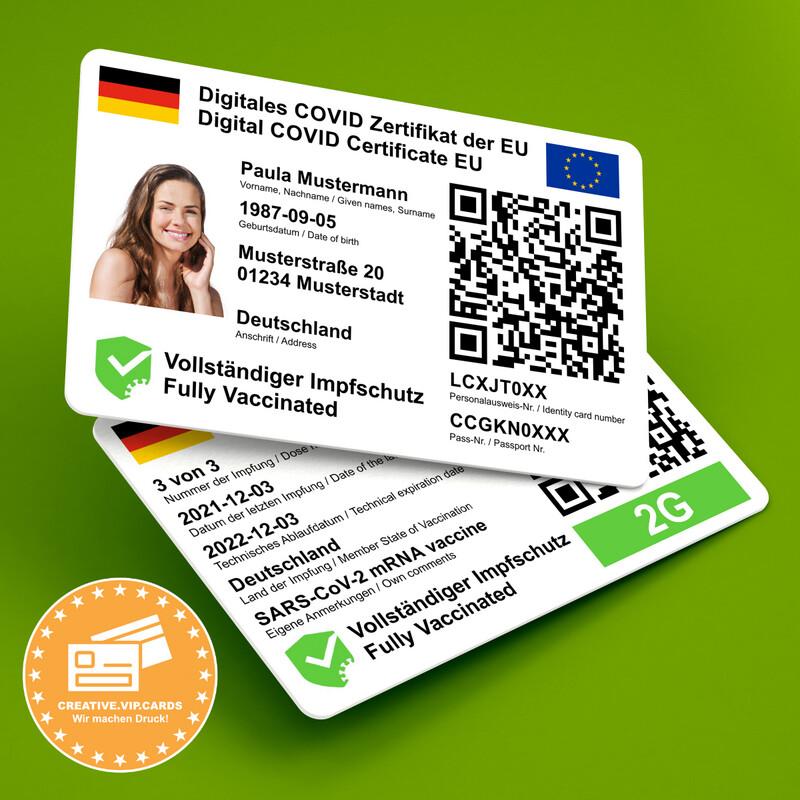 Ihr digitales COVID-19 Impf-Zertifikat der EU mit Lichtbild und erweitertem Impfstatus auf eine Plastikkarte im Kreditkartenformat drucken lassen (DE/EN - Besonders für Auslandsreisen geeignet)