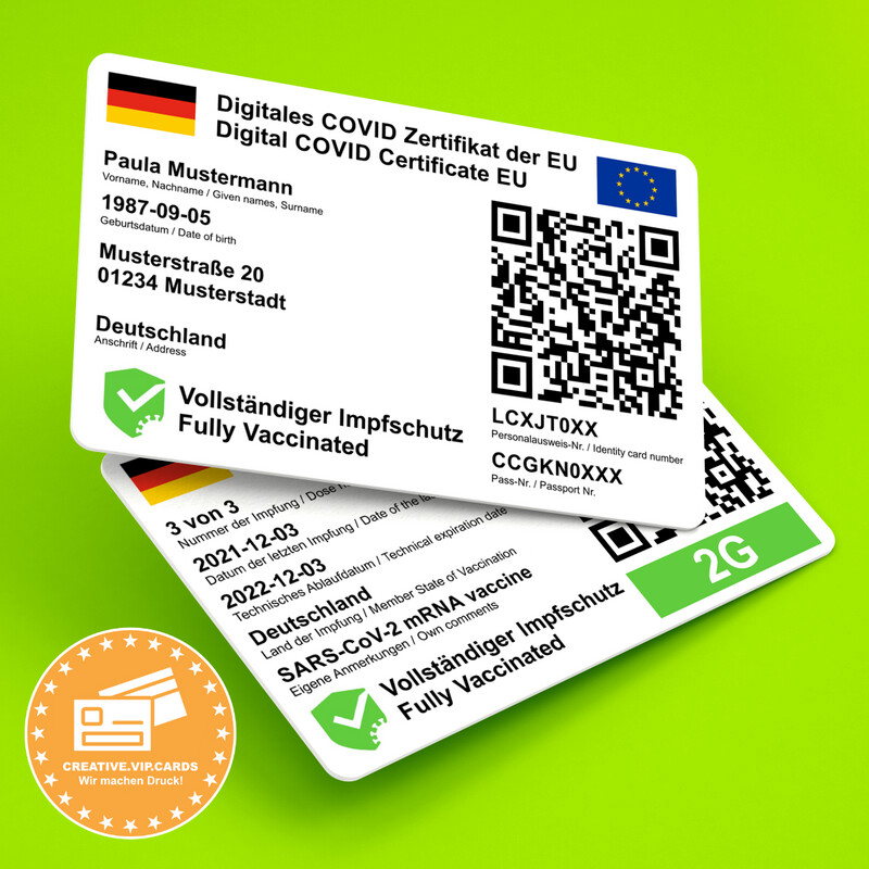Ihr digitales COVID-19 Impf-Zertifikat der EU ohne Lichtbild und erweitertem Impfstatus auf eine Plastikkarte im Kreditkartenformat drucken lassen (DE/EN - Besonders für Auslandsreisen geeignet)