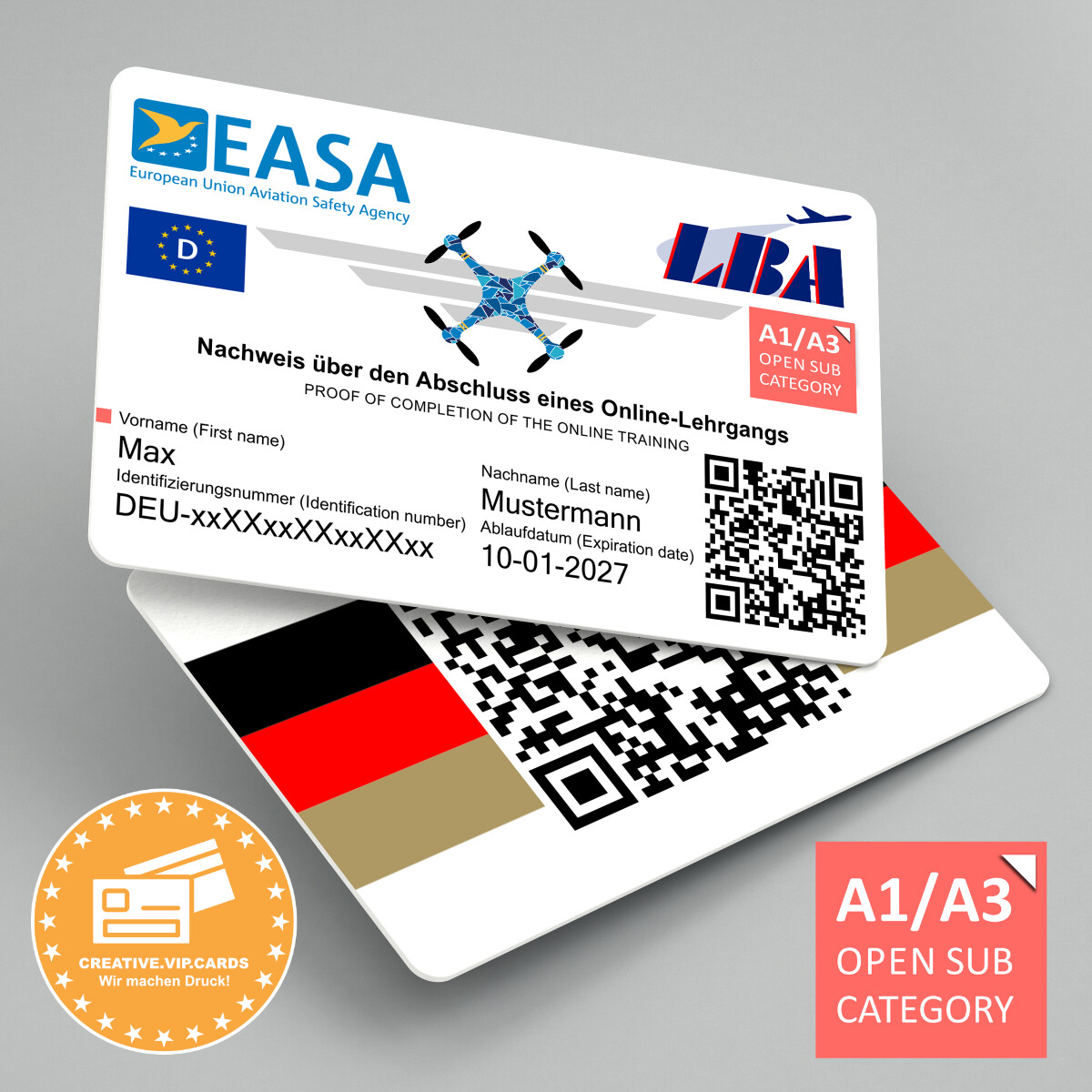 EU - Drohnenführerschein A1/A3 auf eine Plastikkarte im Kreditkartenformat drucken lassen