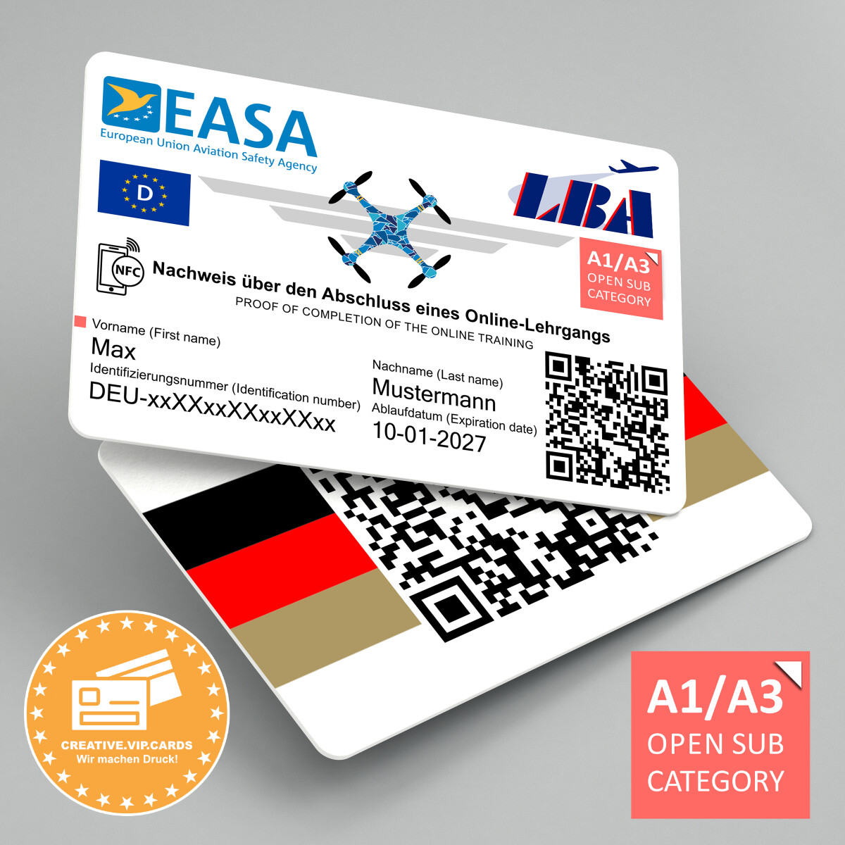 EU - Drohnenführerschein A1/A3 auf eine NFC - Plastikkarte im Kreditkartenformat drucken lassen