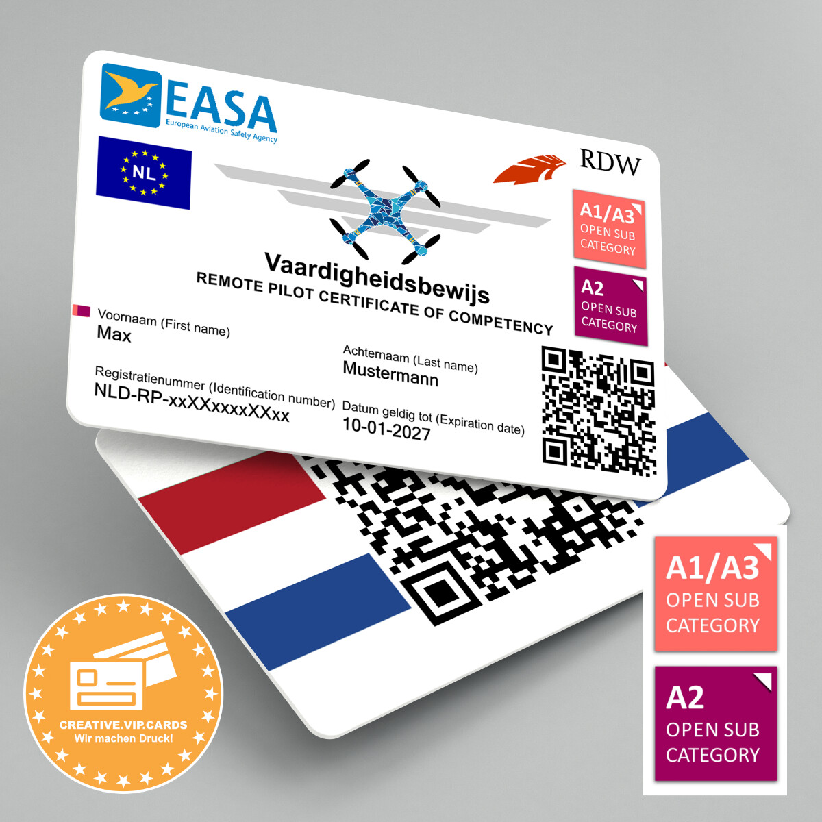 Ihren Drohnenführerschein A1/A3 und A2 (Niederlande) auf eine Plastikkarte im Kreditkartenformat drucken lassen