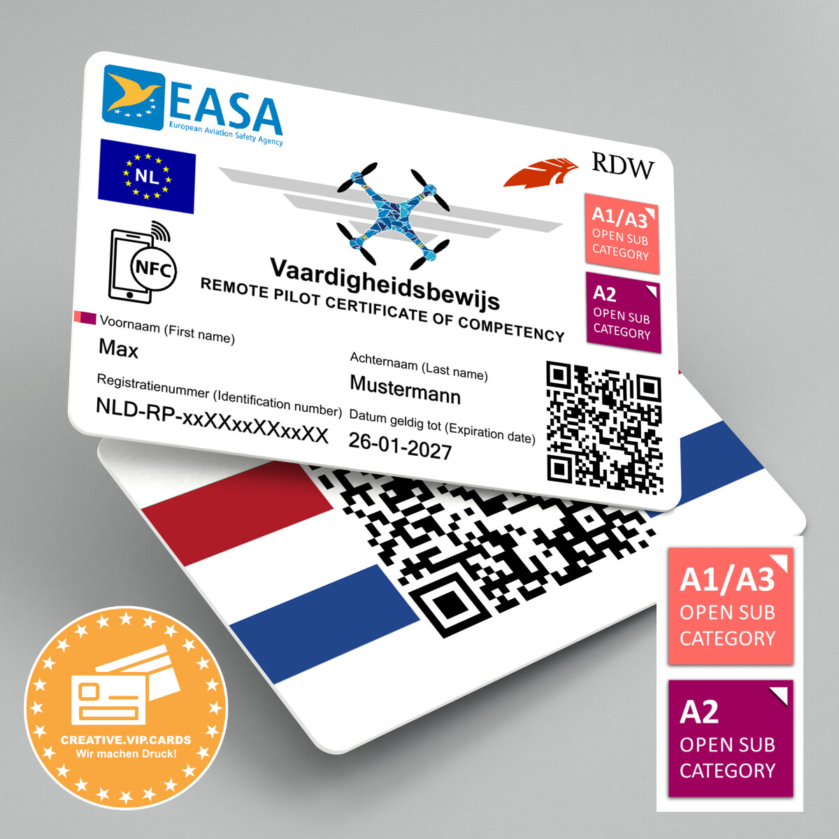 Ihren Drohnenführerschein A1/A3 und A2 (Niederlande) auf eine NFC - Plastikkarte im Kreditkartenformat drucken lassen