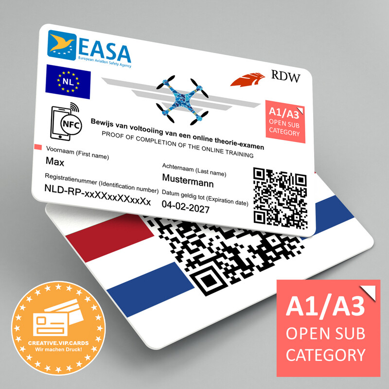 Ihren Drohnenführerschein A1/A3 (Niederlande) auf eine NFC - Plastikkarte im Kreditkartenformat drucken lassen