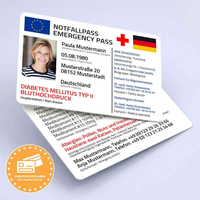 Notfallpass zum Downloaden - Template / Design für Notfallkarte mit Lichtbild aus Papier und Plastik