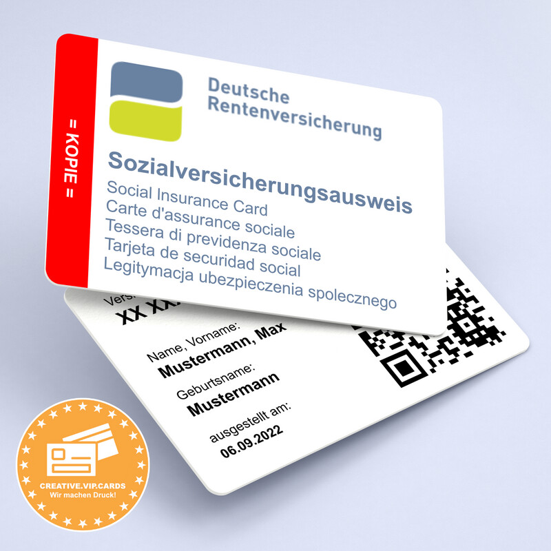 Lassen Sie sich eine Kopie von Ihrem Sozialversicherungsausweis - Deutsche Rentenversicherung auf eine Plastikkarte im Kreditkartenformat drucken