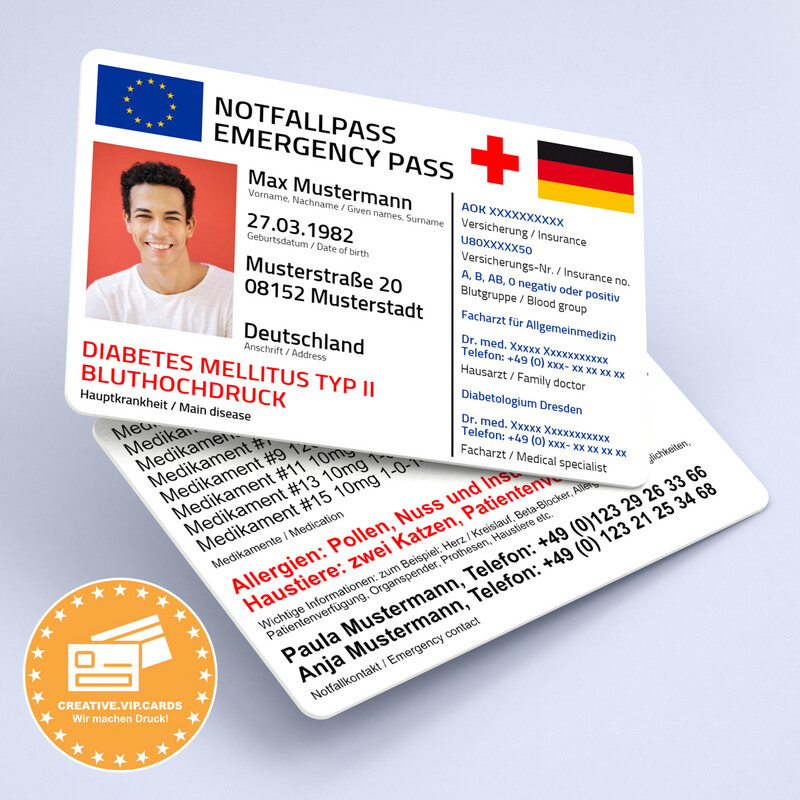 Notfallpass zum Downloaden - Template / Design für Notfallkarte mit Lichtbild aus Papier und Plastik
